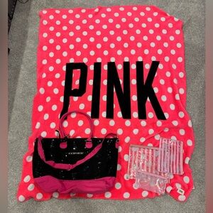 Victoria's Secret Pink Polka Dot Blanket and Tote Set